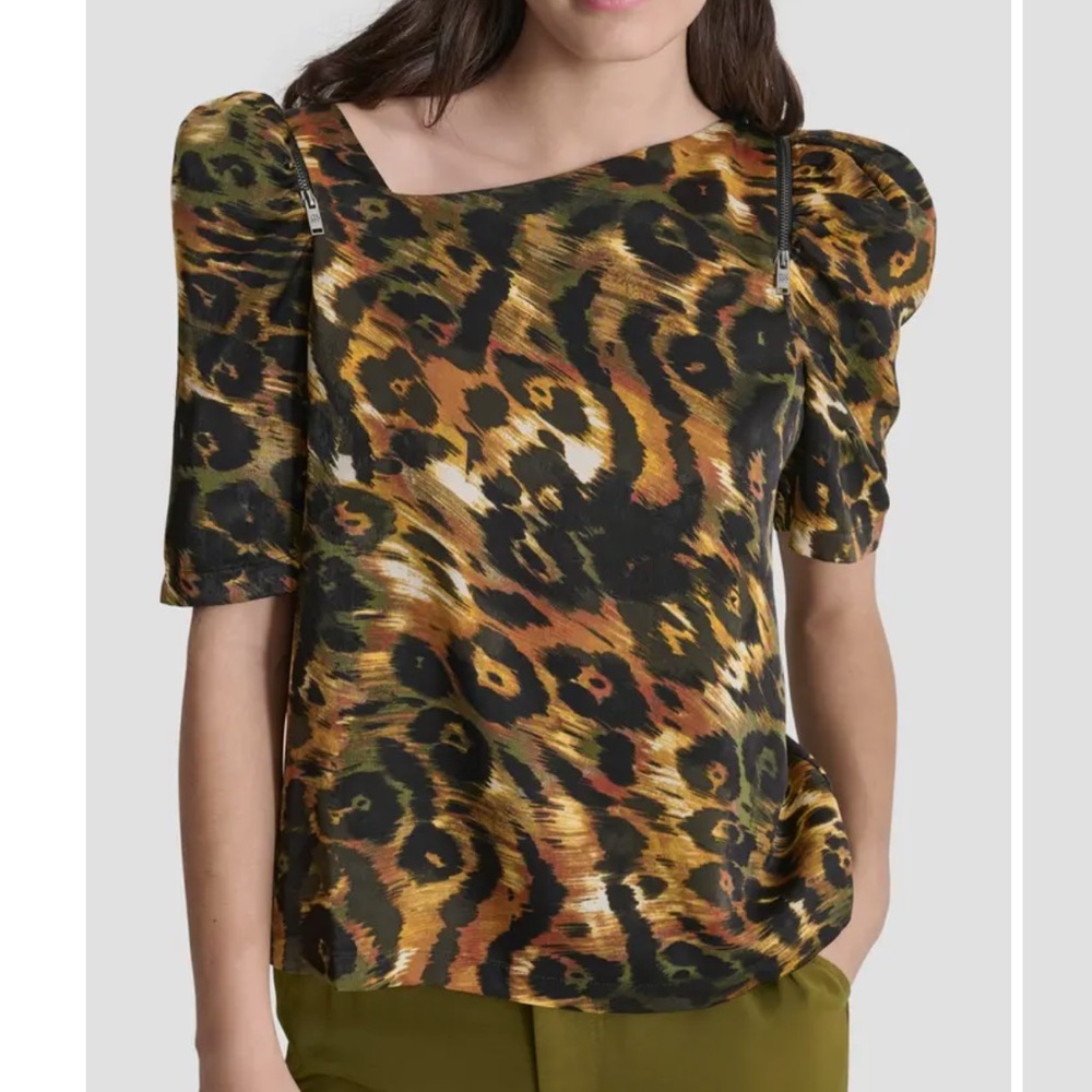 DKNY Print Asymmetric Zip Shoulder Top Autumn Mix Animal
Size M